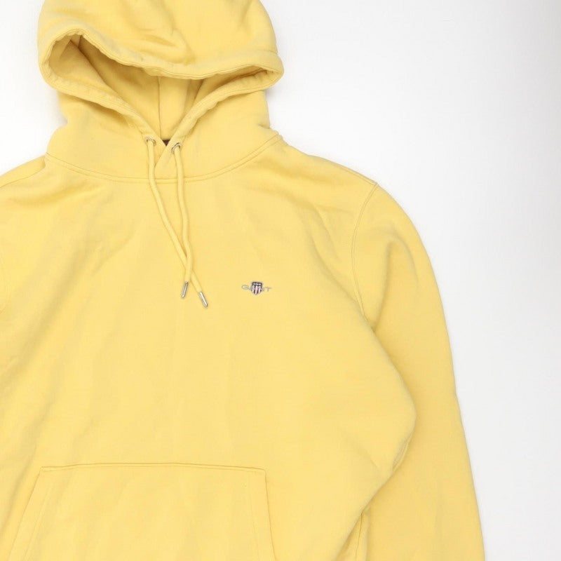 GANT Men’s Yellow L Pullover Hoodie Logo Drawstring Cotton Blend