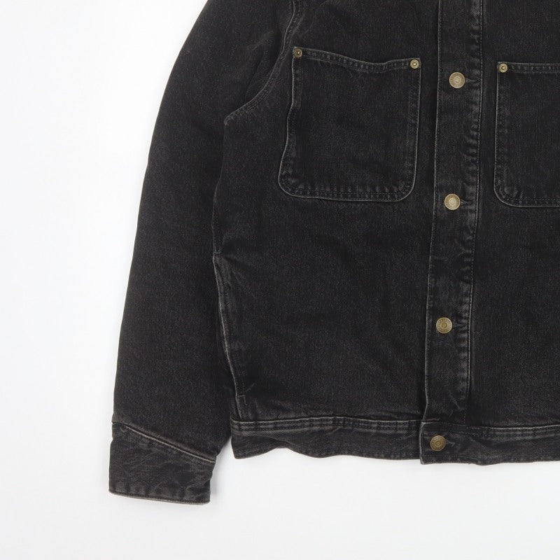 Zara Men Black Denim Jacket M Beige Collar Button Front Workwear
