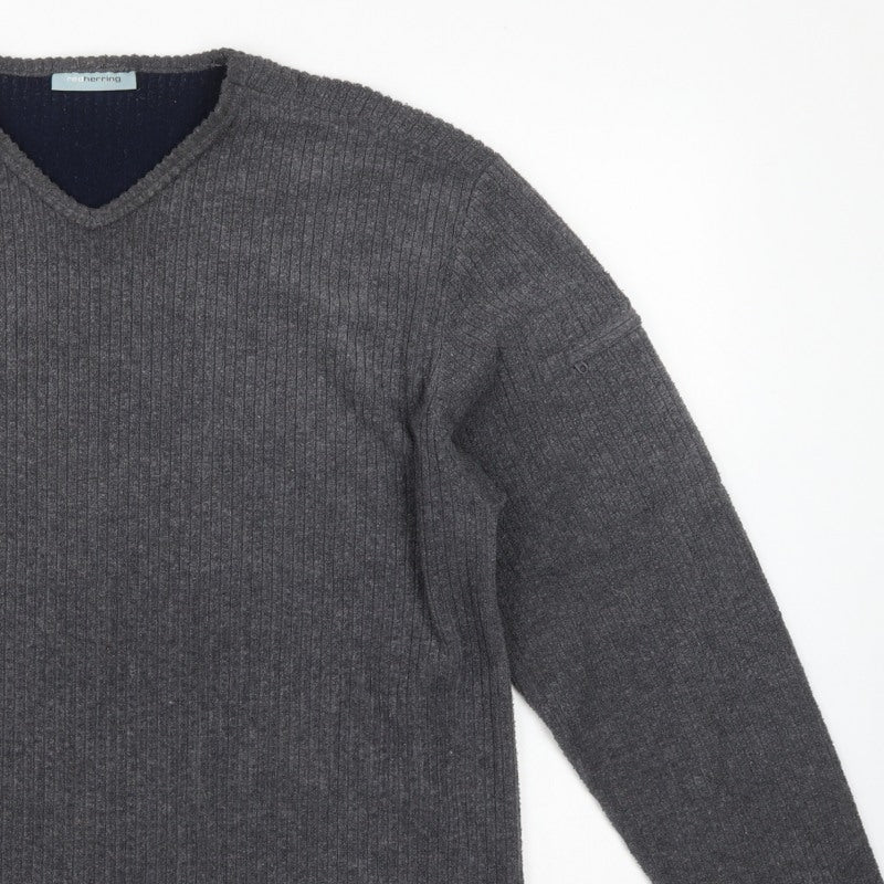 Red Herring Men’s Grey L V-Neck Ribbed Knit Pullover Jumper