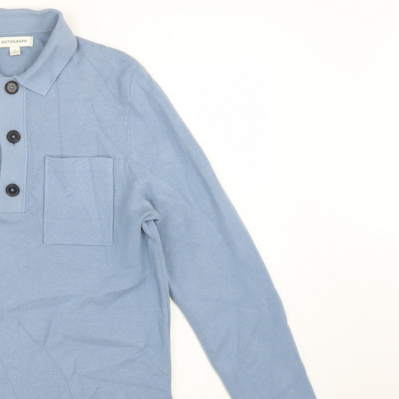 Autograph Men’s Blue M Henley Collared Knit Jumper Pocket