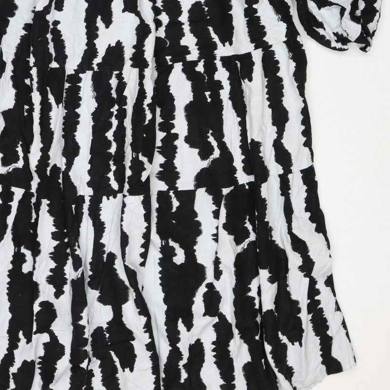 M&S Women Black White Linen Rich Size 14 Shift Knee Dress