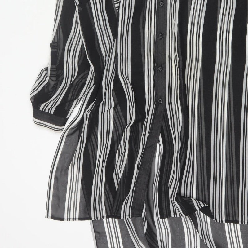 M&S Women Black Ivory Striped Sheer Tunic Button-Up Shirt UK 14