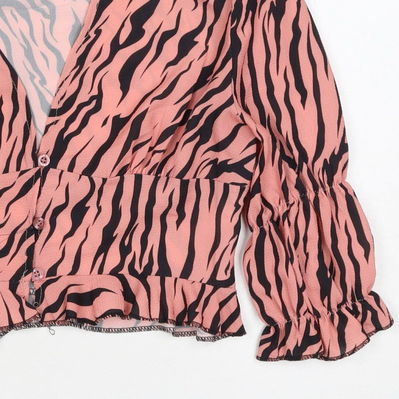 Boohoo Women’s Pink Zebra Print Cropped V-Neck Ruffle Blouse UK 10