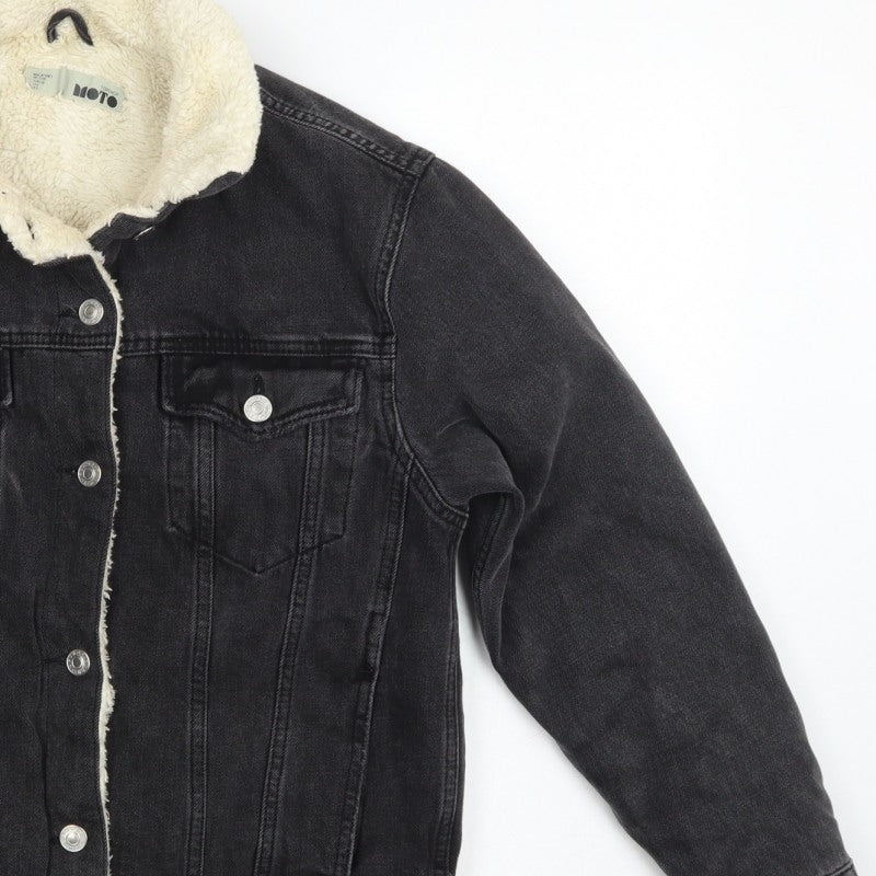 Topshop Women Black UK 8 Sherpa Lined Denim Jacket Button Casual