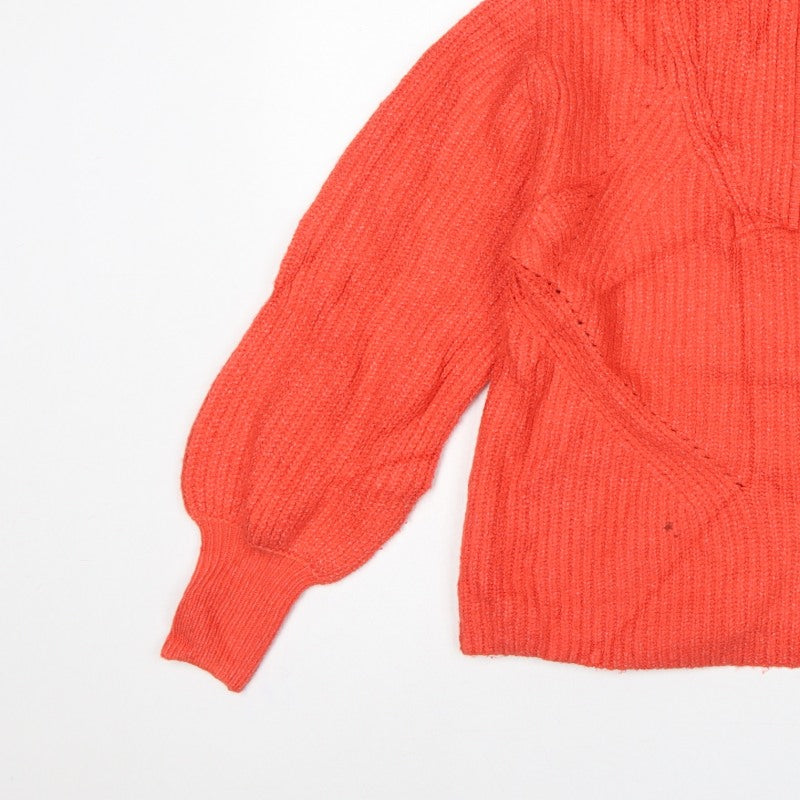 M&S Women Orange M Cable Knit Roll Neck 1/4 Zip Jumper