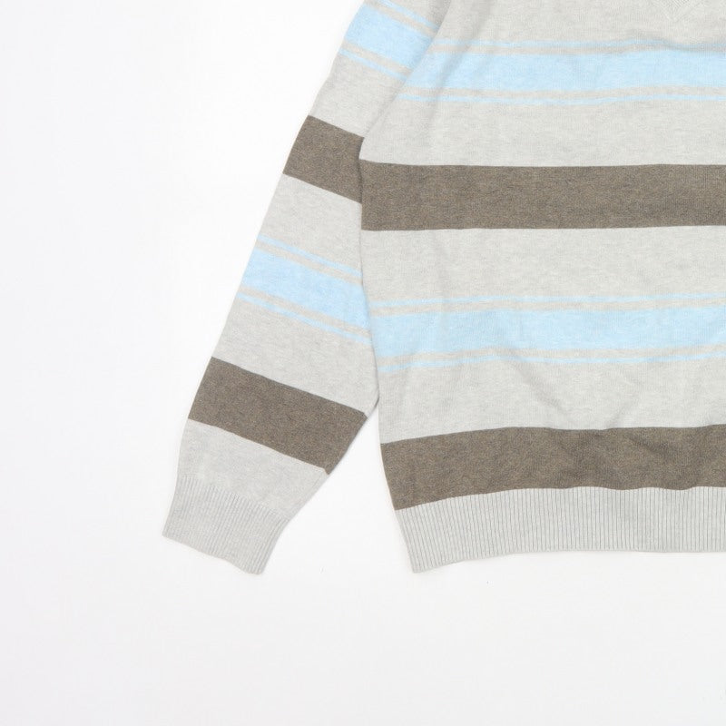 Next Men’s Grey Blue Brown Striped V-Neck Pullover Jumper Large