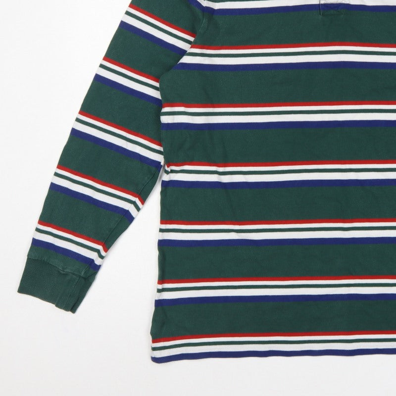 M&S Mens Green Striped Long Sleeve Cotton Polo Shirt XL Regular
