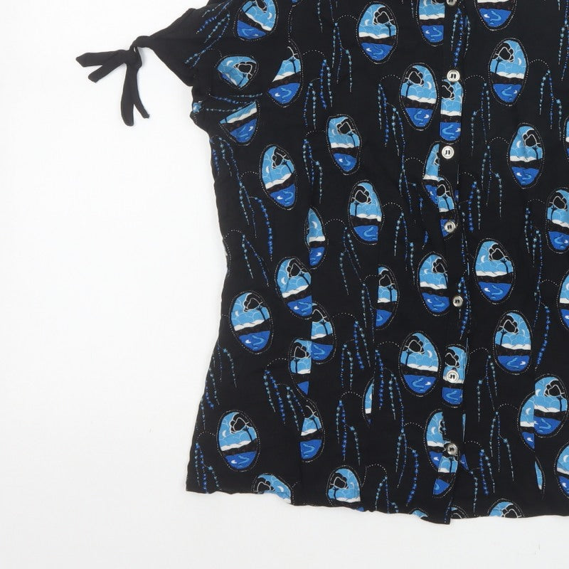 Hell Bunny Women Black Blue UK 12 Kimono Sleeve Button-Up Blouse