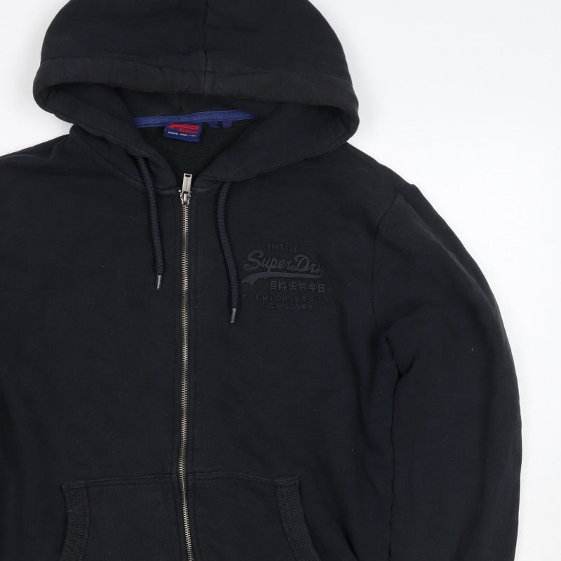 Superdry Men Black M Full Zip Hoodie Logo Cotton Pockets
