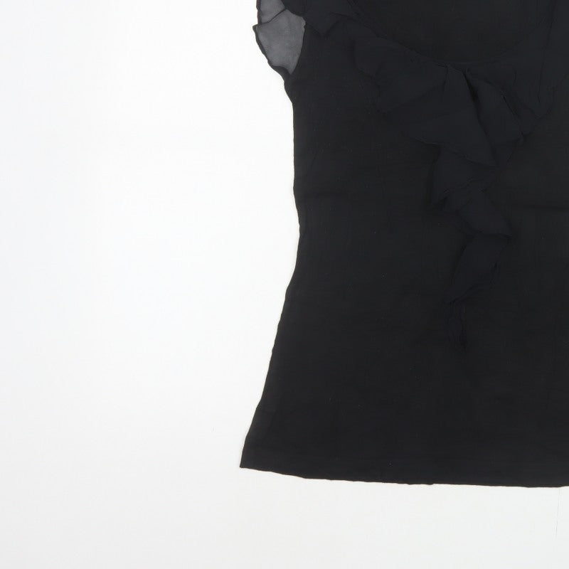 Warehouse Women Black UK 10 Ruffle Sheer Silk Trim Stretch Blouse