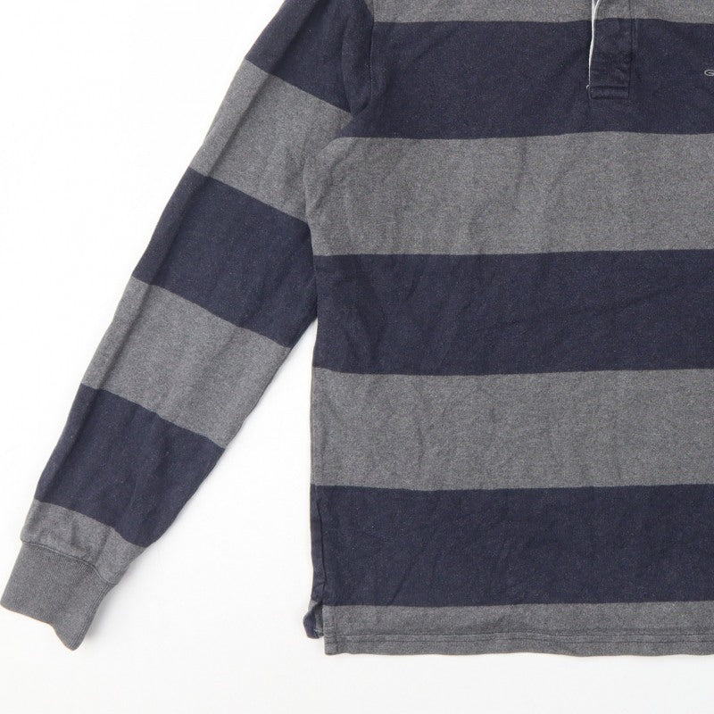 GANT Men’s Grey Navy Striped Long Sleeve Cotton Polo Shirt Size M