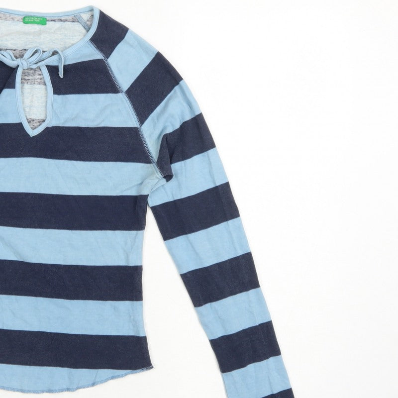 Benetton Women Blue Stripe Tie Keyhole Long Sleeve Jersey Top M
