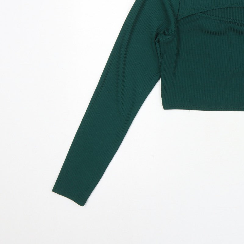 Pink Vanilla Women Green UK 14 Cropped Rib Knit Long Sleeve T-Shirt