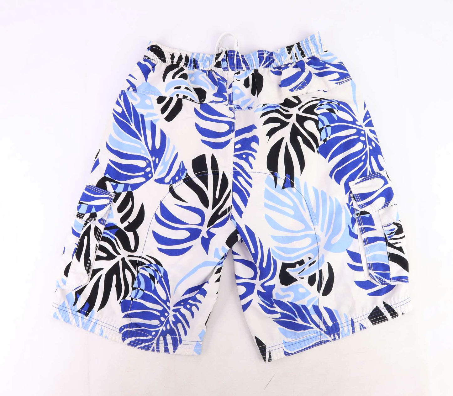 Cherokee Mens Graphic White Swimming Holiday Summer Tropical Leaves Blue Shorts Size 30-32/L10