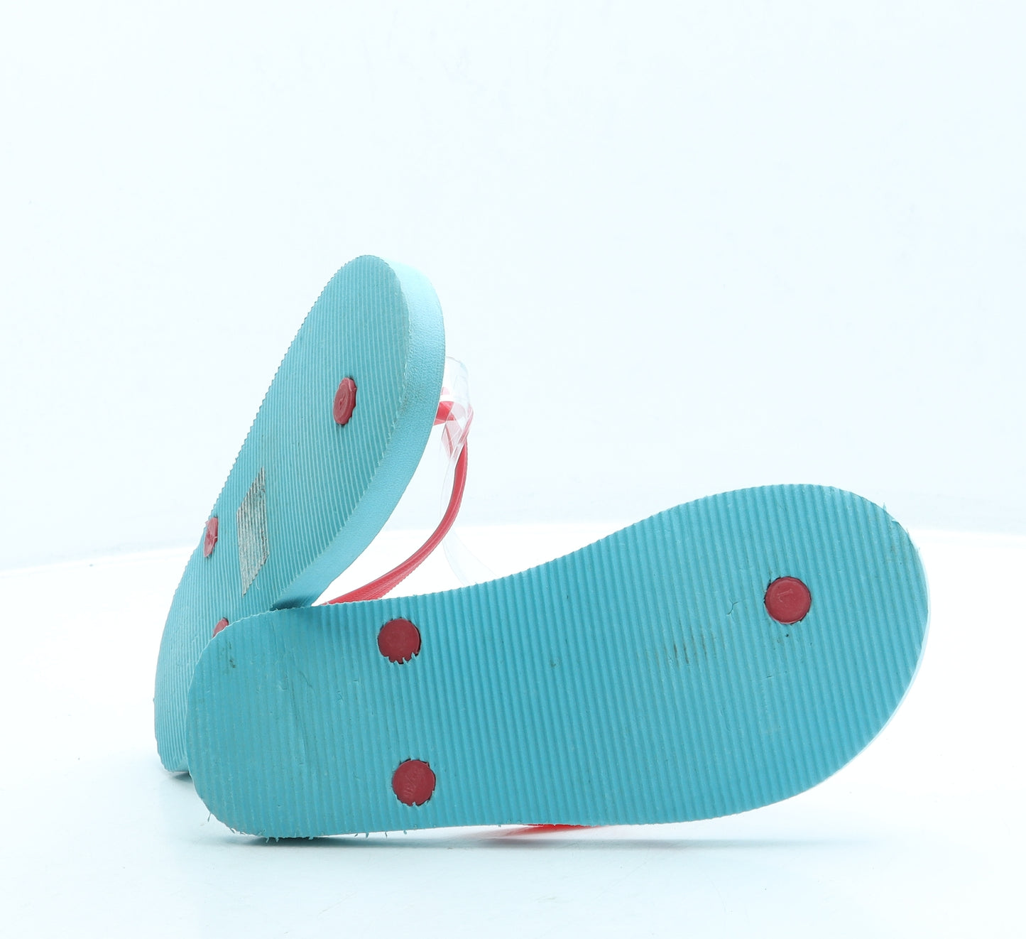 Preworn Girls Blue Geometric Rubber Thong Sandal UK 2 35 - Fruit print