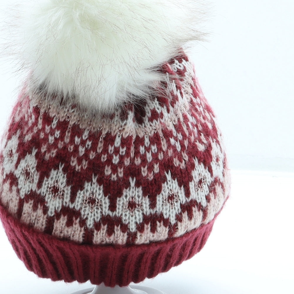 Sainsburys Womens Red Geometric Acrylic Bobble Hat One Size - Pom Pom