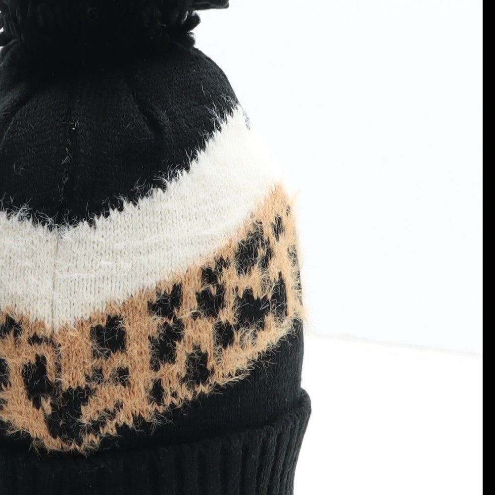 Matalan Womens Black Animal Print Polyester Bobble Hat One Size