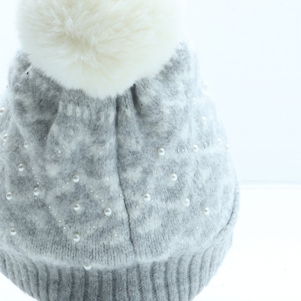 F&F Girls Grey Fair Isle Acrylic Bobble Hat One Size
