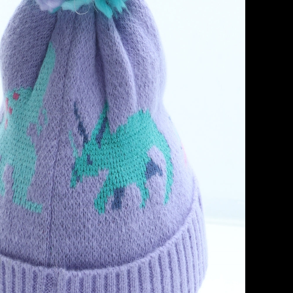 Marks and Spencer Girls Purple Geometric Acrylic Bobble Hat Size S - Dinosaur Pattern UK Size 18-36 Months