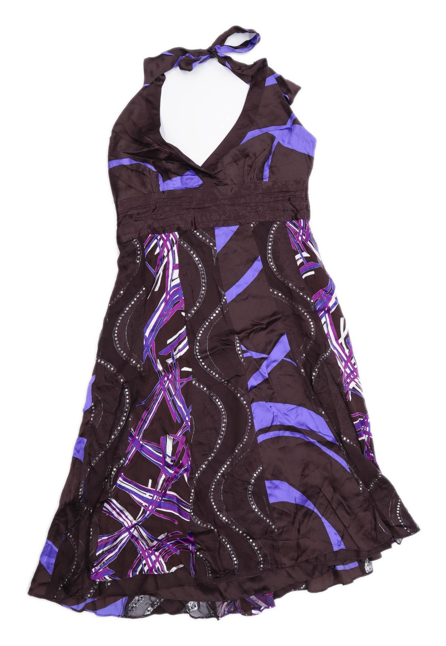 Monsoon Womens Size 14 Abstract Silk Blend Halter Neck Brown Purple Dress (Regular)