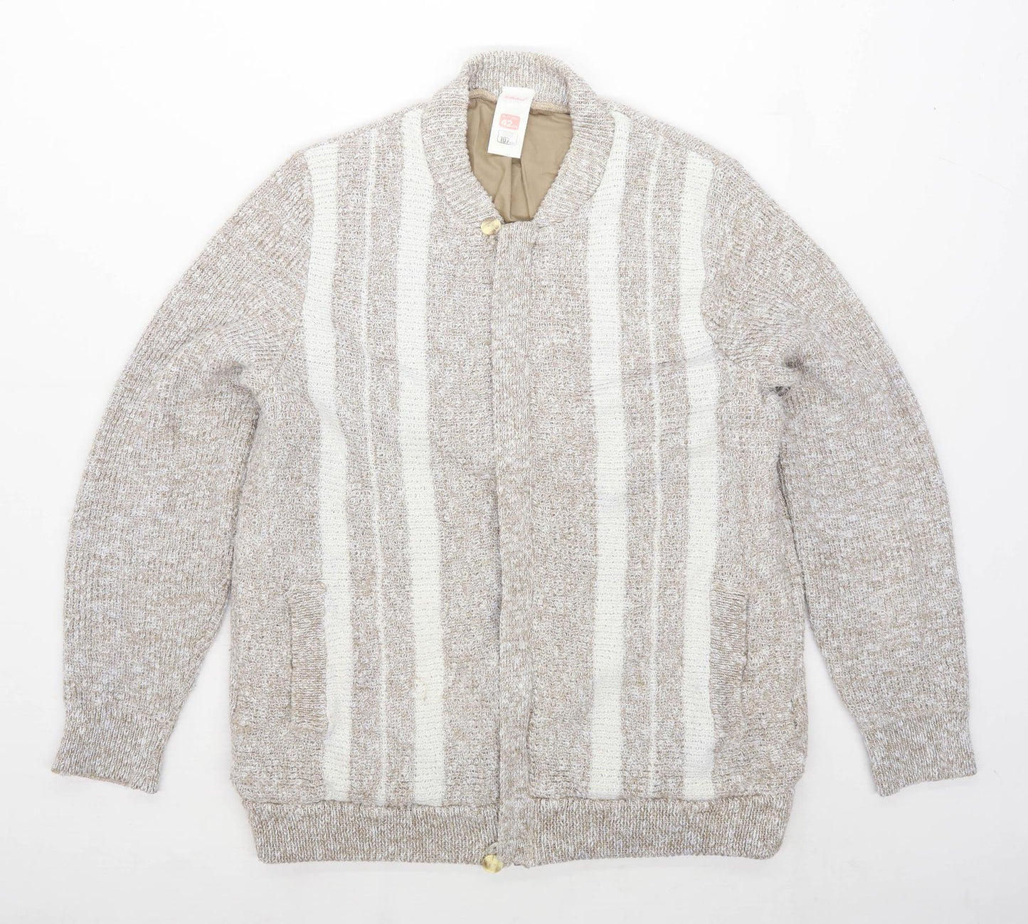 St Michael Mens Size L Cotton Blend Striped Beige Padded Zip Cardigan