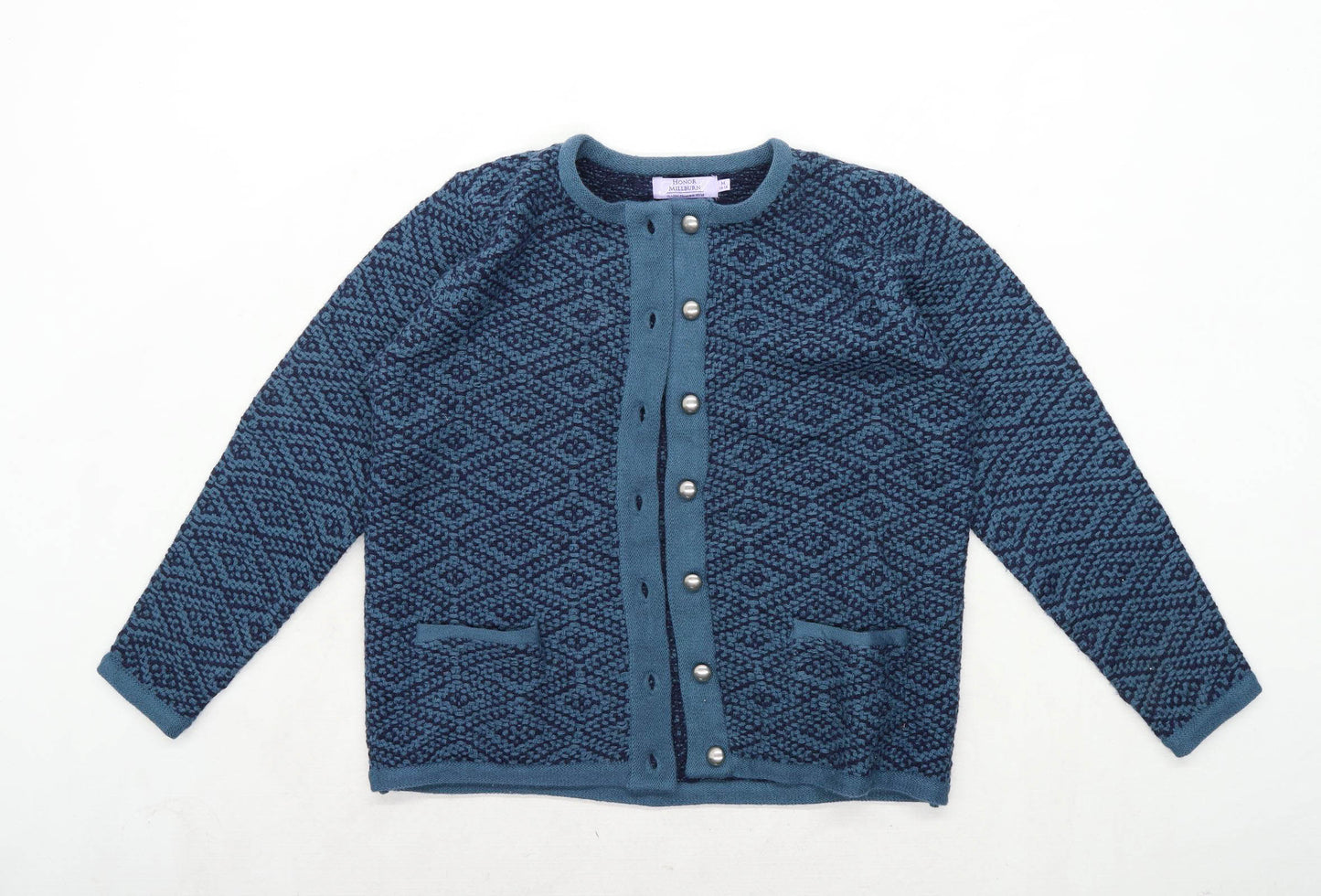 Honor Millburn Womens Size 14-16 Geometric Blue Cardigan (Regular)