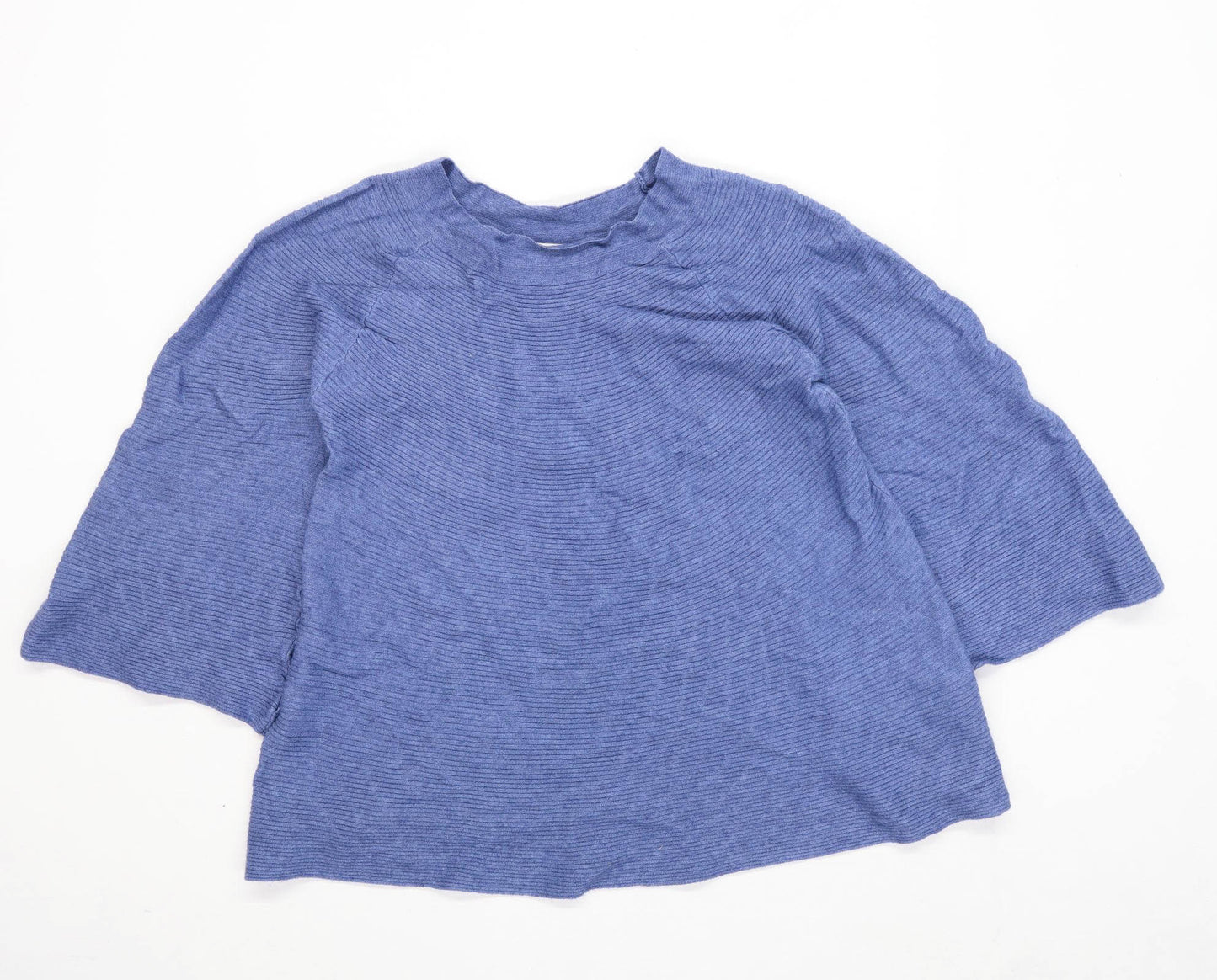 E Woman Womens Size L-XL Textured Polyamide Blend Blue Ribbed Bell Sleeve Jumper (Regular)