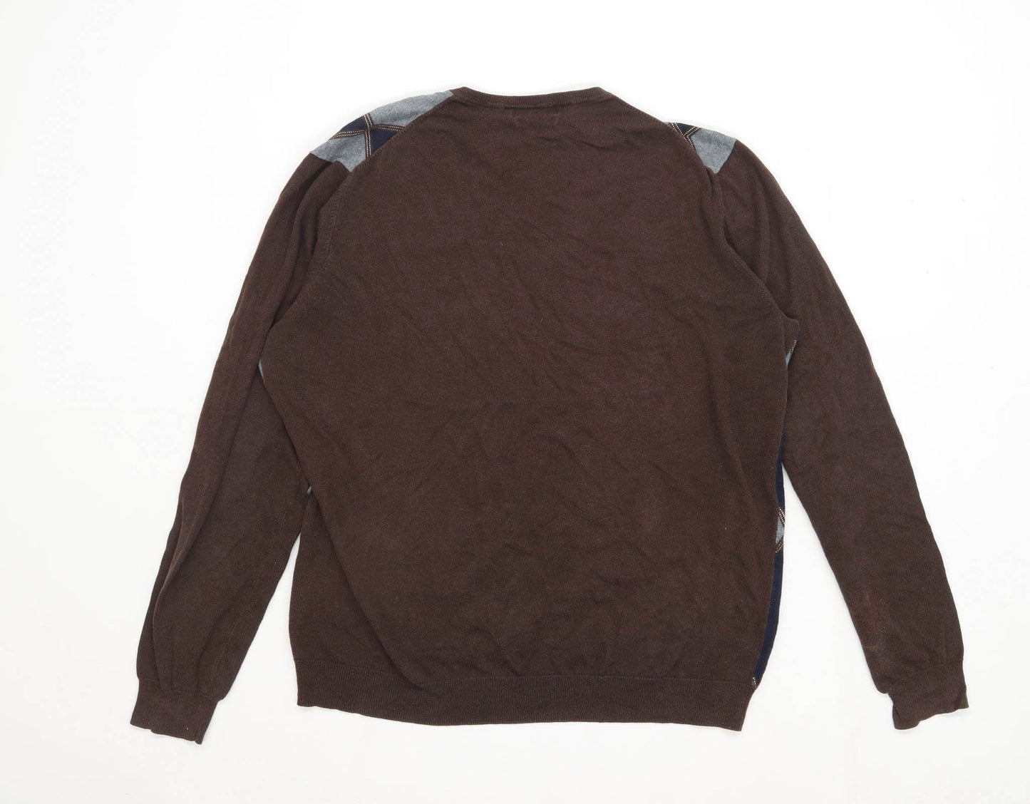 Massimo Dutti Mens Size XL Cotton Blend Geometric Brown V Neck Jumper