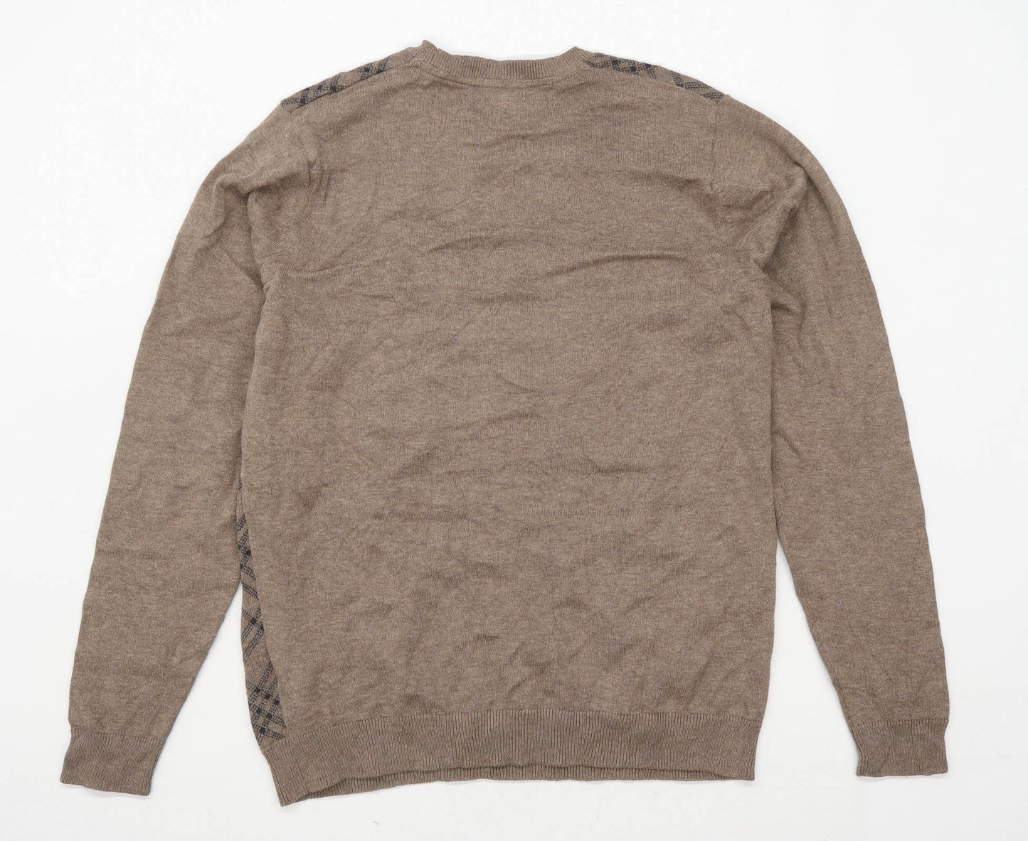 Marks & Spencer Mens Size M Cotton Blend Check Beige Crew Neck Jumper