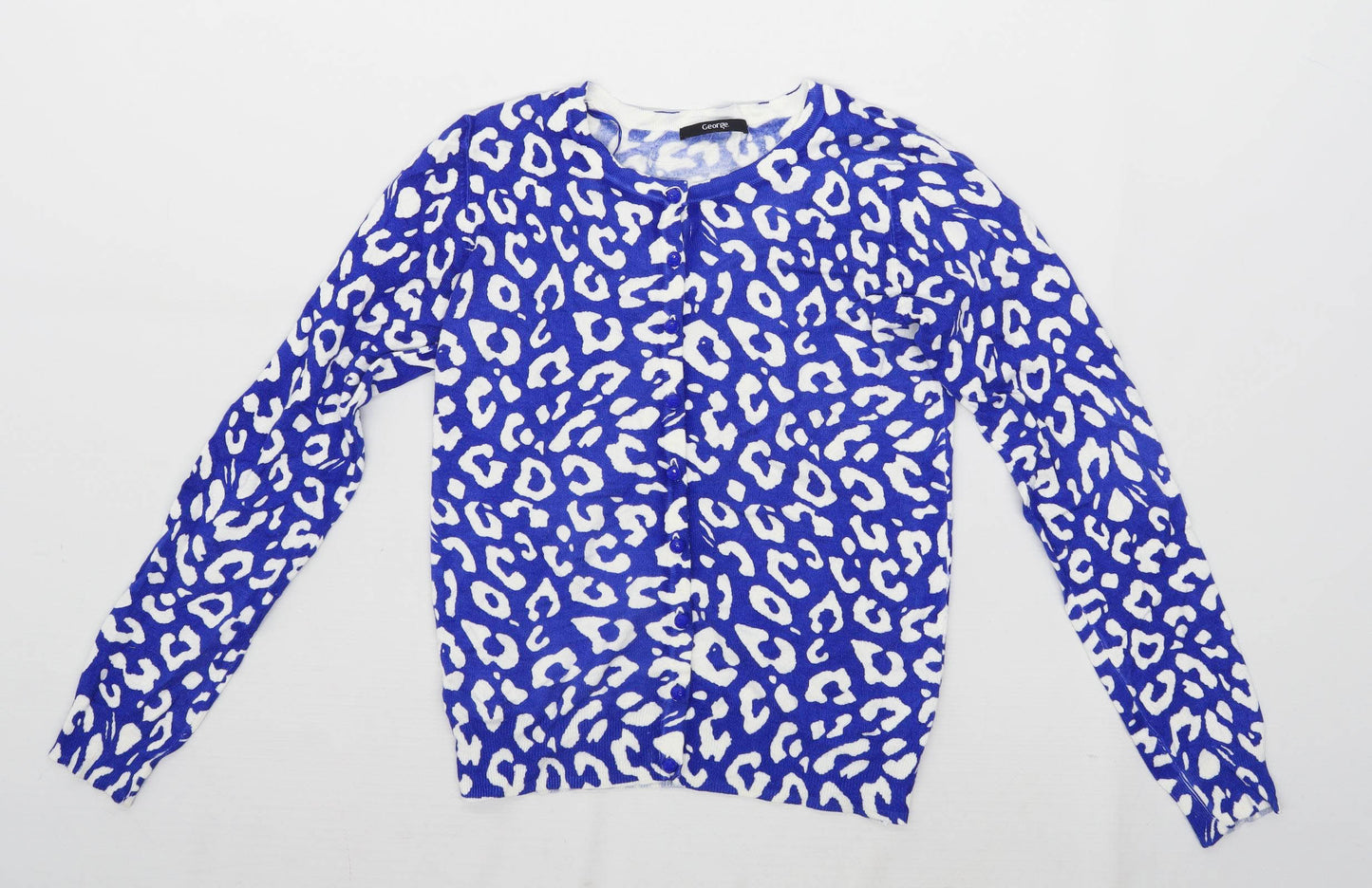 George Womens Size 8 Animal Print Blue Leopard Cardigan (Regular)