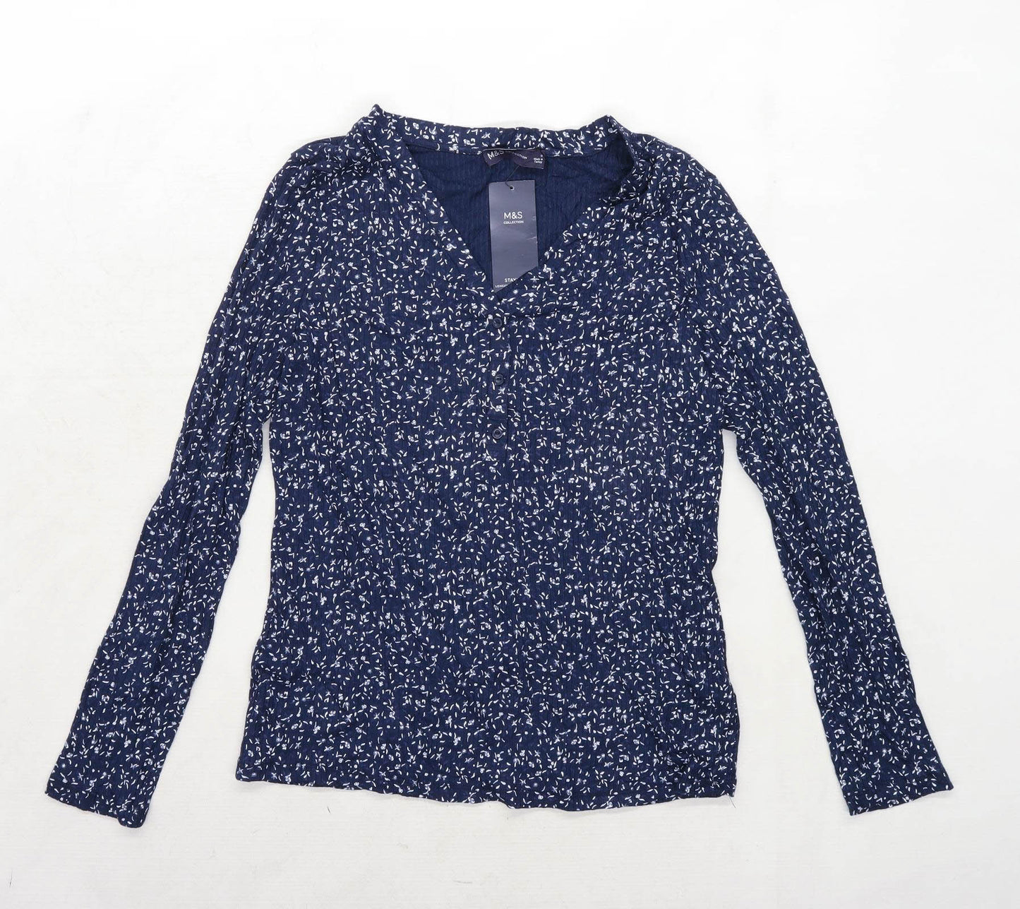 Marks & Spencer Womens Size 12 Floral Blue Long Sleeve T-Shirt (Regular)