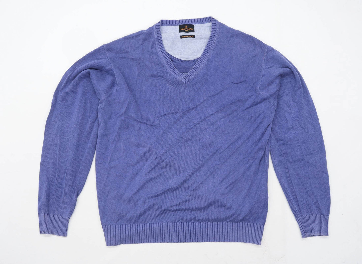 Simon Carter Mens Size L Cotton Blue V-Neck Jumper