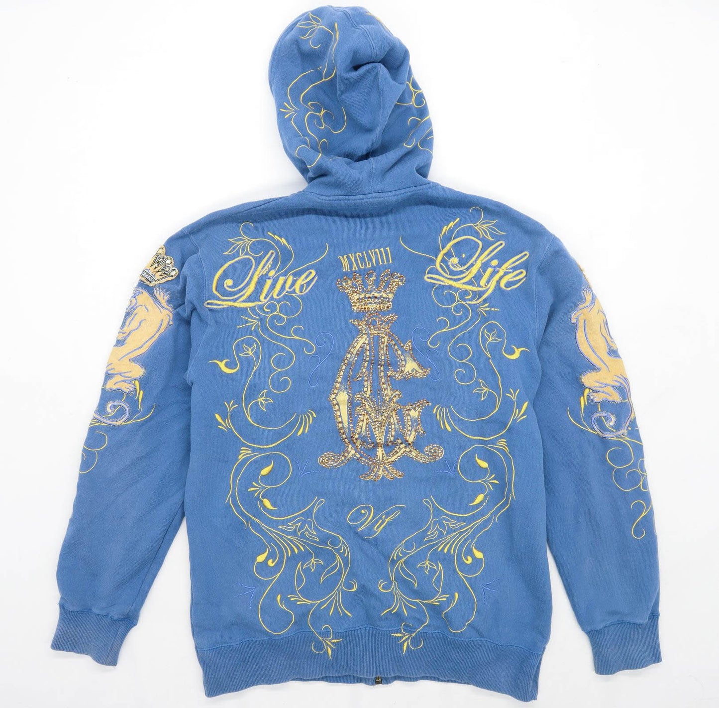 Christian Audigier Mens Size XL Cotton Blend Floral Blue Zip Up Hoodie