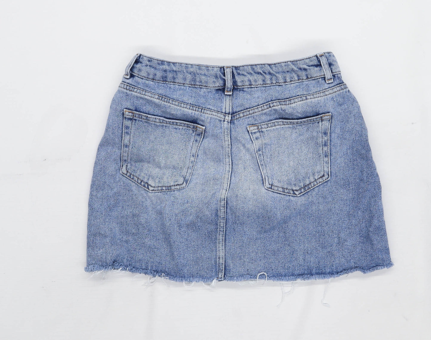 Topshop Womens Size 10 Denim Floral Blue Embroidered A-Line Skirt (Regular)