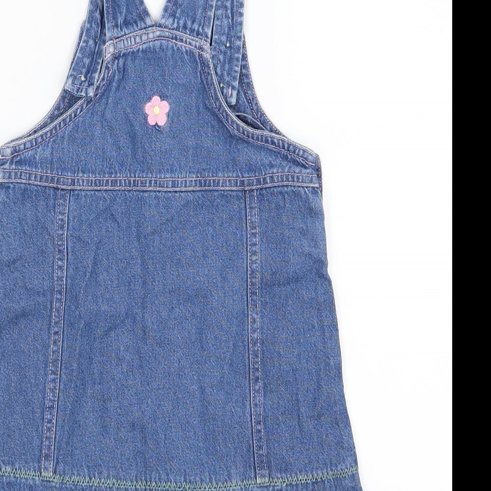 BHS Girls Blue Floral Denim Pinafore/Dungaree Dress Size 12-18 Months