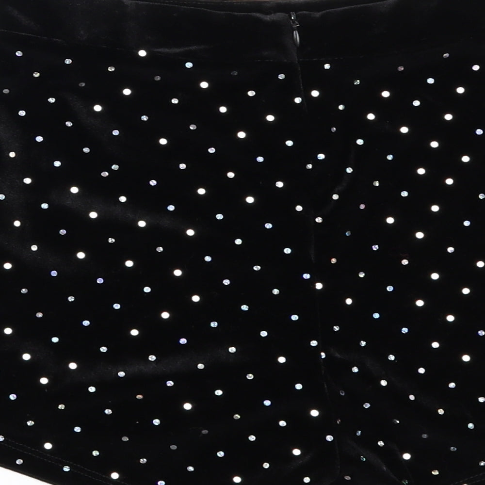 Bershka Womens Black Polka Dot Velour Hot Pants Shorts Size 10