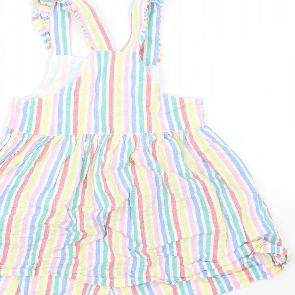 F&F Girls Multicoloured Striped Woven Pinafore/Dungaree Dress Size 9-12 Months