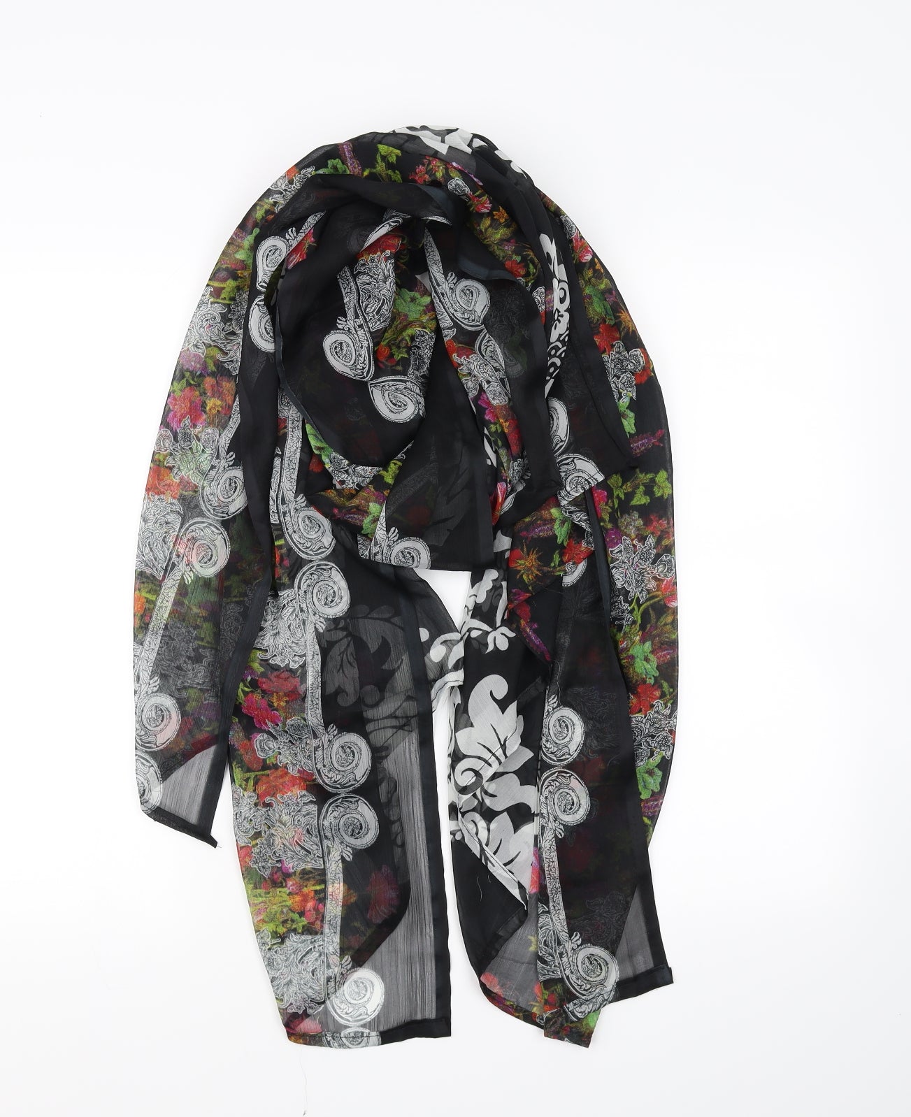 Preworn Womens Black Floral Scarf