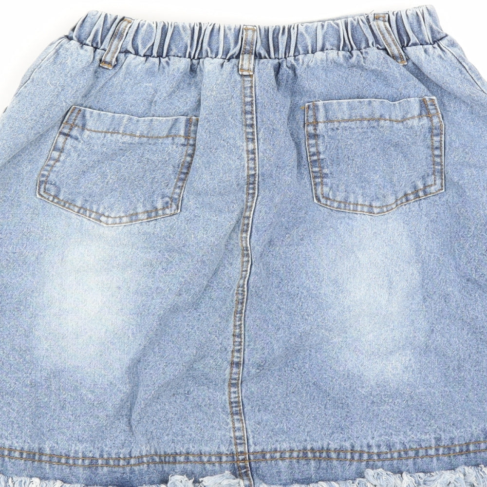 Preworn Girls Blue Denim A-Line Skirt Size 13 Years - button front distressed