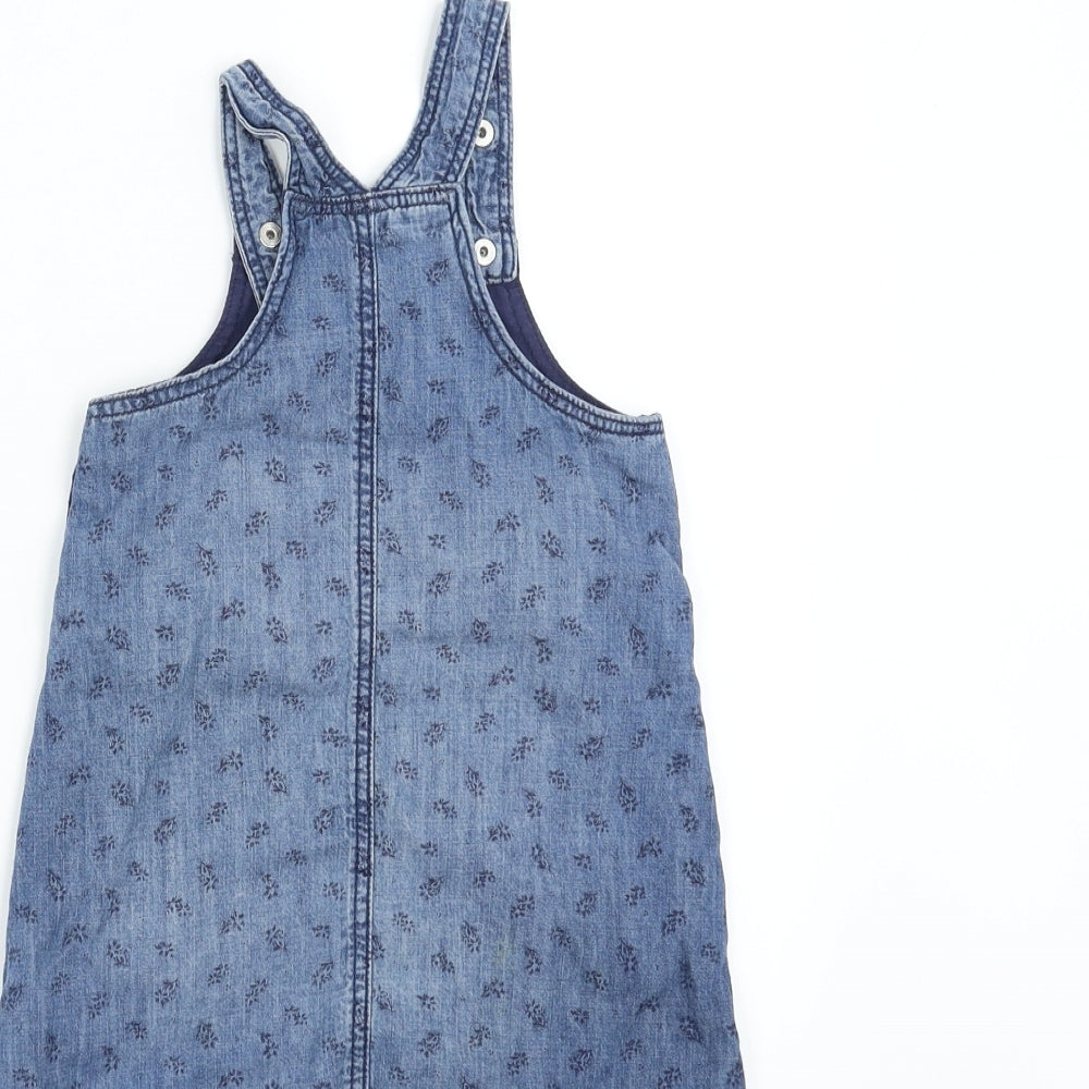 H&M Girls Blue Floral Denim Pinafore/Dungaree Dress Size 12-18 Months