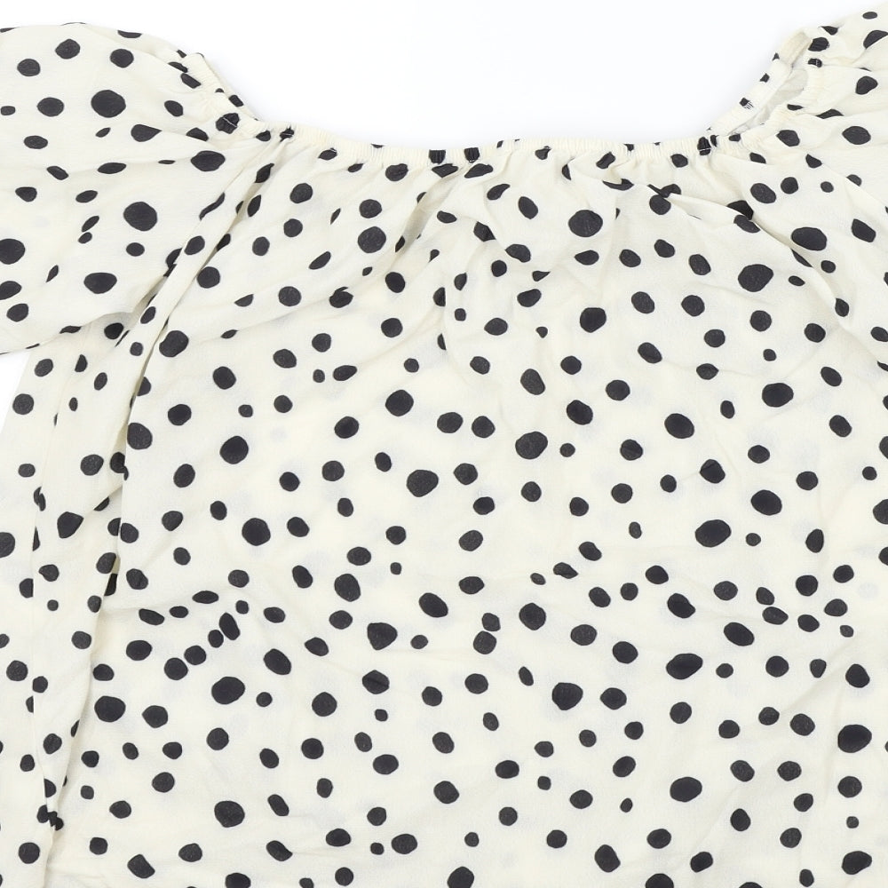 Preworn Womens Beige Polka Dot Basic Blouse Size L - Frill Detail