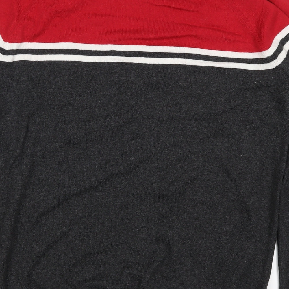 New Look Mens Red Striped Knit Pullover Jumper Size L - Grey