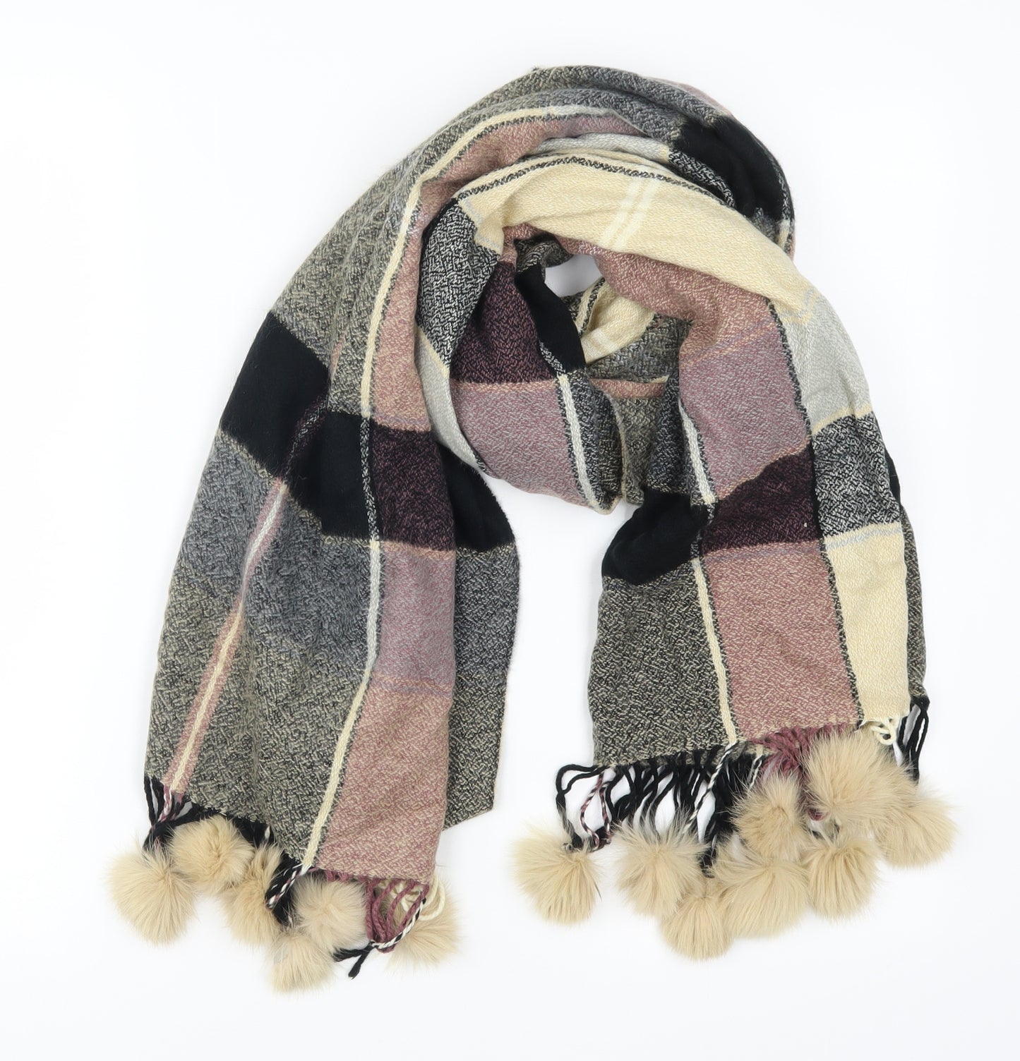 Preworn Womens Purple Check Scarf - Pom Pom