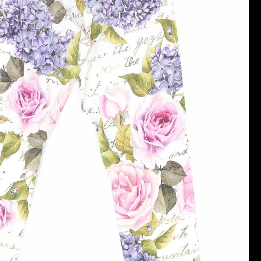 Monalisa Girls White Floral Pyjama Pants Size L - Pink Purple Flowers Cropped