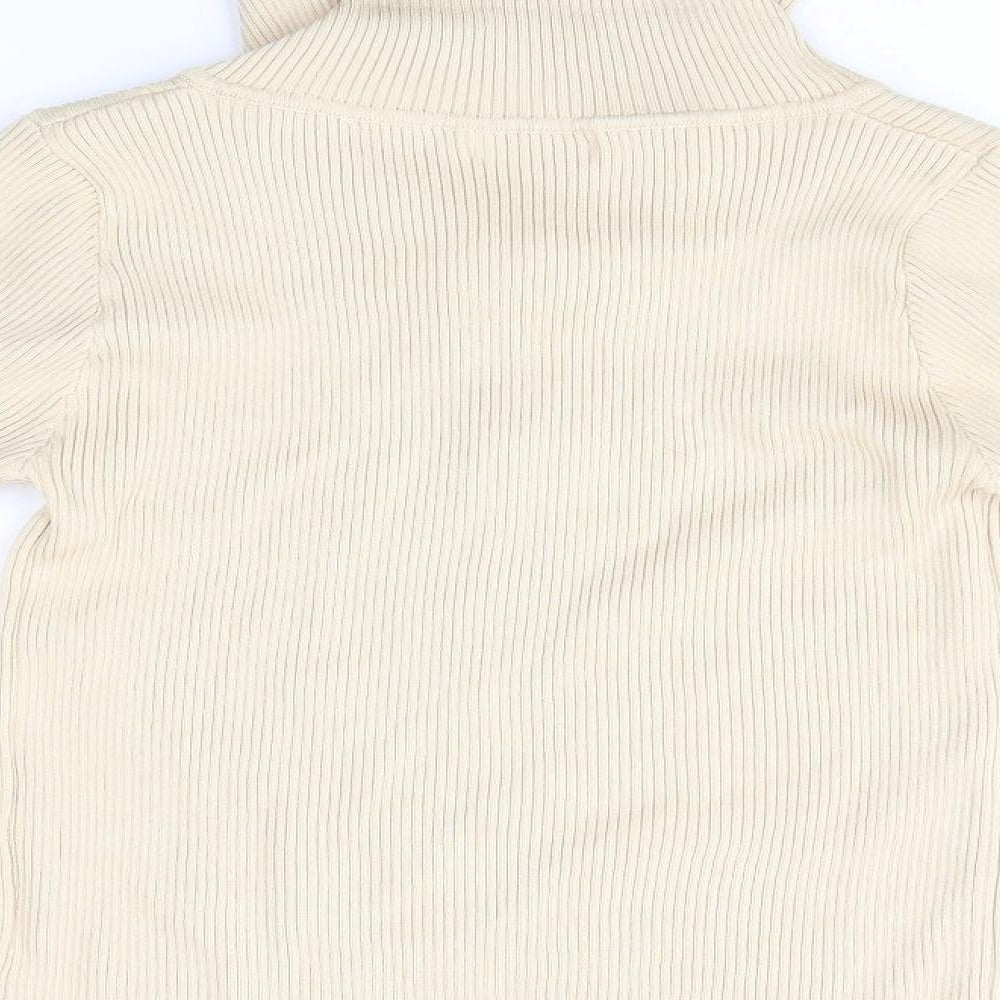 Cherry Koko Womens Beige Striped Henley Jumper Size M - High Heck Henley Skinny Ribbed Style
