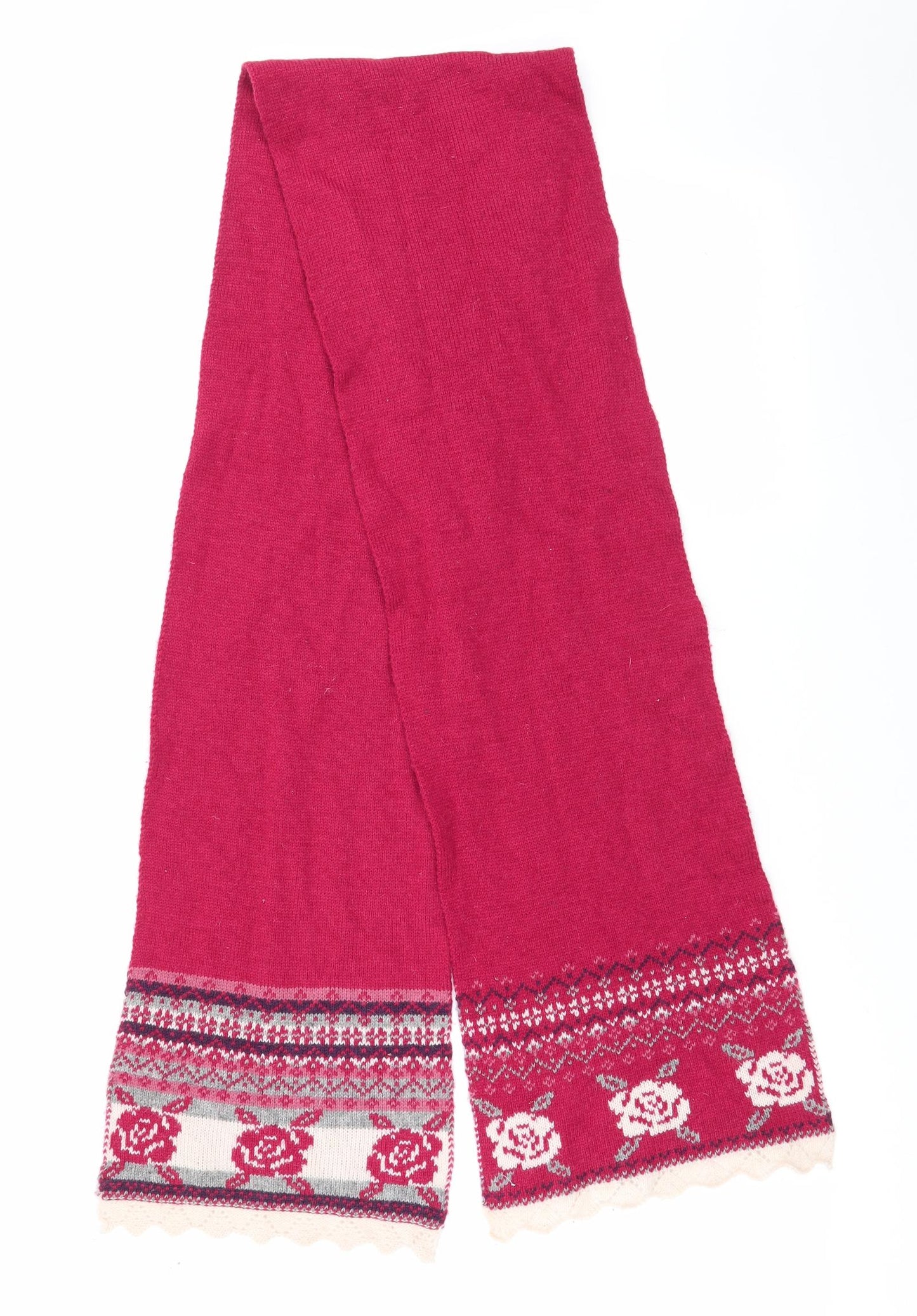 Preworn Womens Red Floral Scarf - Rose & Stripe Pattern