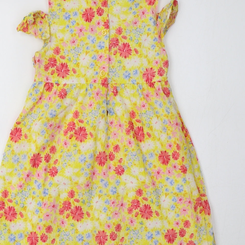 Penelope Mack Girls Yellow Floral Cotton A-Line Size 6 Years Crew Neck