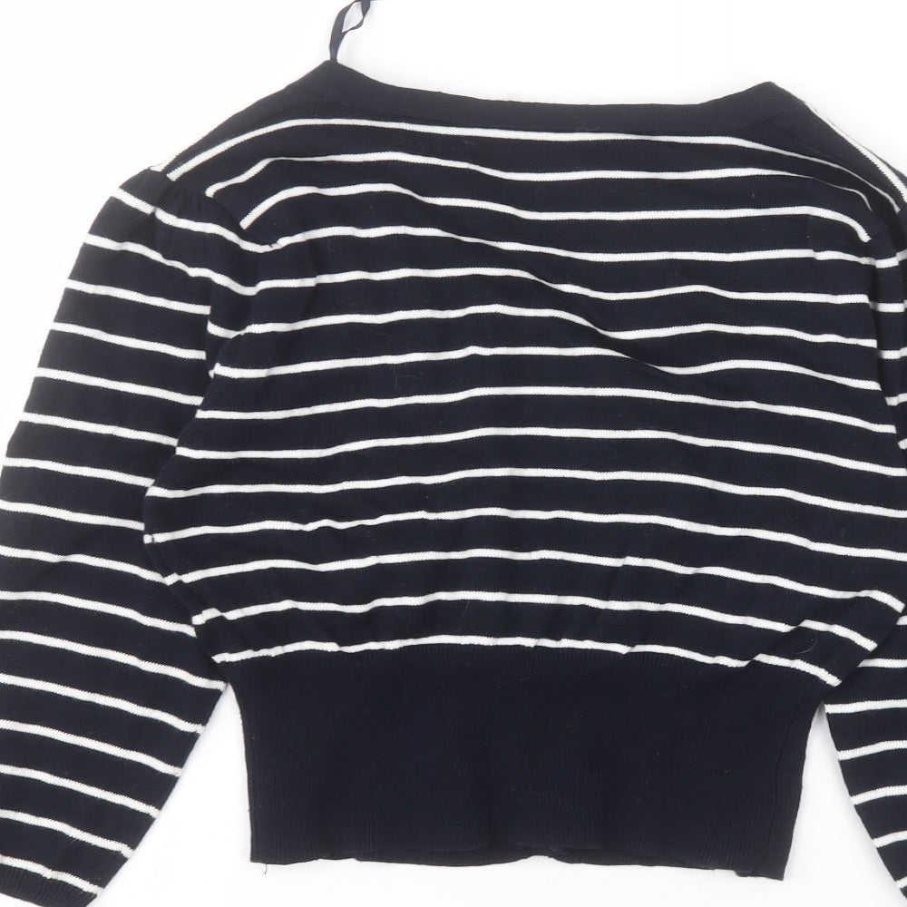 Preworn Womens Blue V-Neck Striped Cotton Cardigan Jumper Size 14
