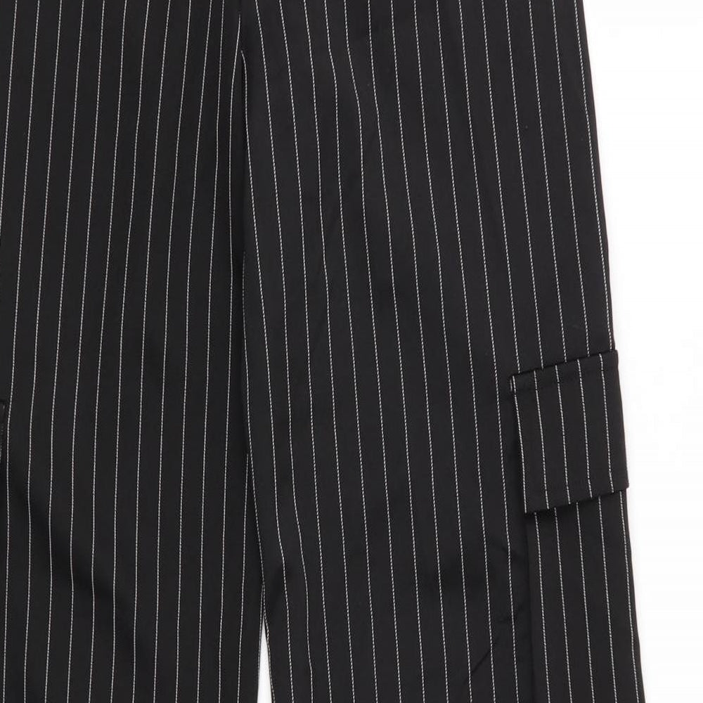Pretty Little Thing Womens Black Striped Polyester Trousers Size 4 L32 in Regular - White Stripe Wide Legged Cargo Pockets Vented Outer Sides to knee/calf