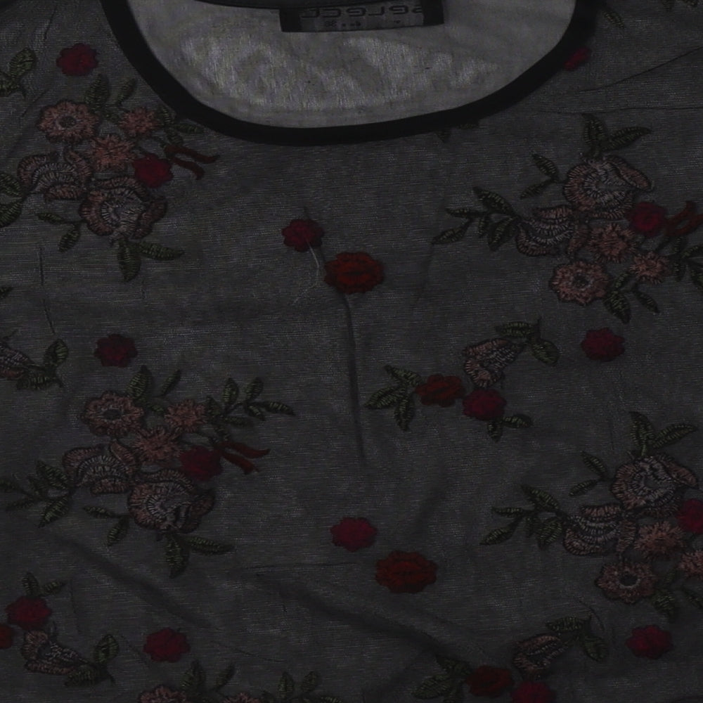 Select Womens Black Floral Polyester Cropped T-Shirt Size 8 Crew Neck